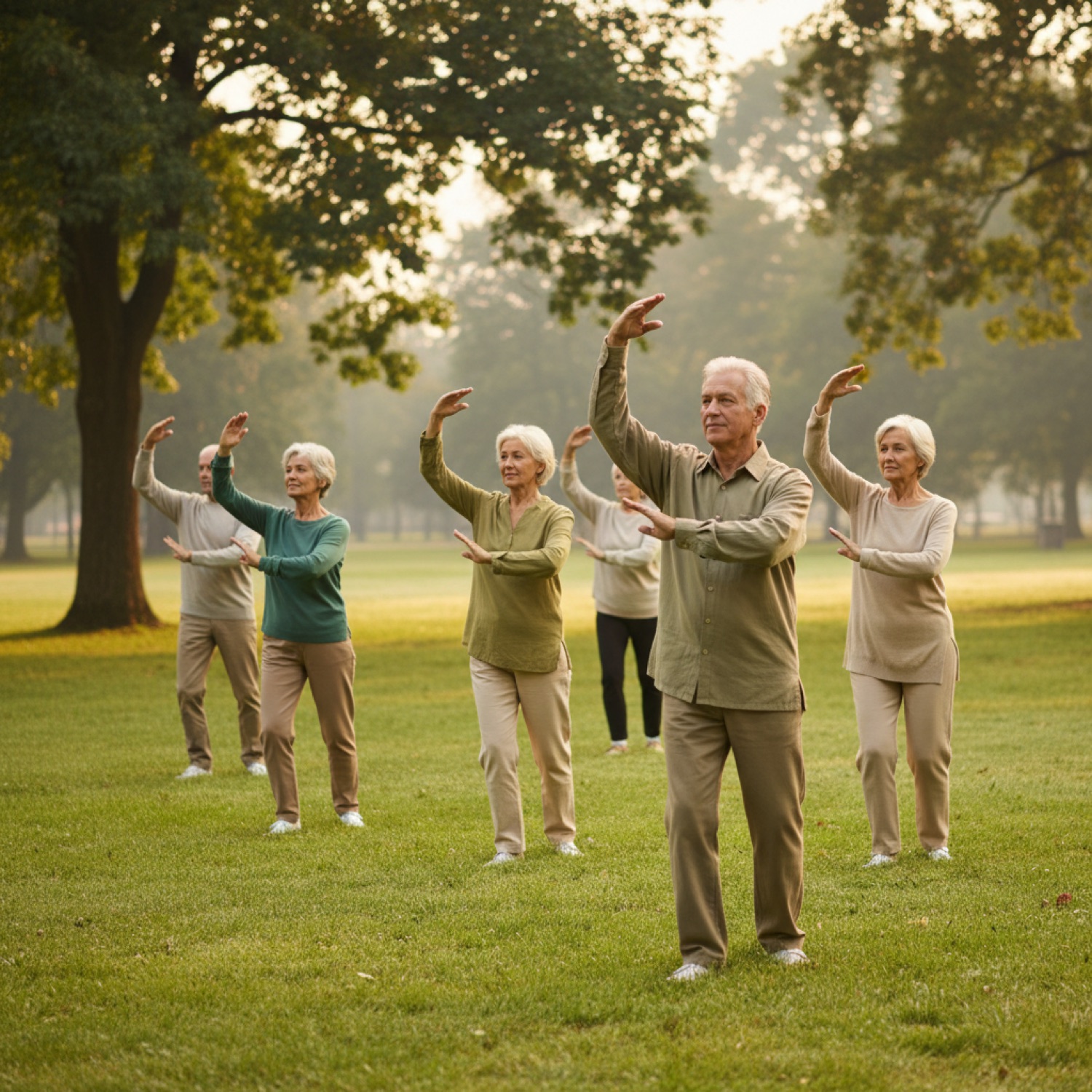 Sfeerbeeld (AI-gegenereerd) van een groep 60-plussers die samen Tai Chi Qigong doet in de ochtendzon